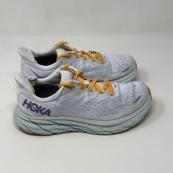 Hoka One One Clifton 8 Womens 8 W Wide White Blue Running Shoes Sneakers - Picture 3 of 16